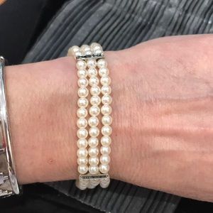 Carolee Sterling Silver and Faux Pearl, and Marcasite Triple Row Bracelet